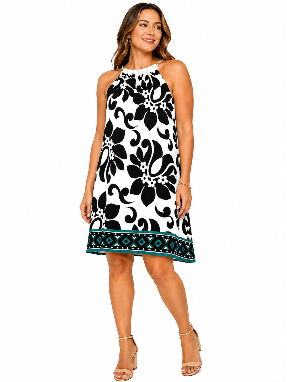 Signature London Style Dress Womens 12 White Black Floral Sleeveless NWT